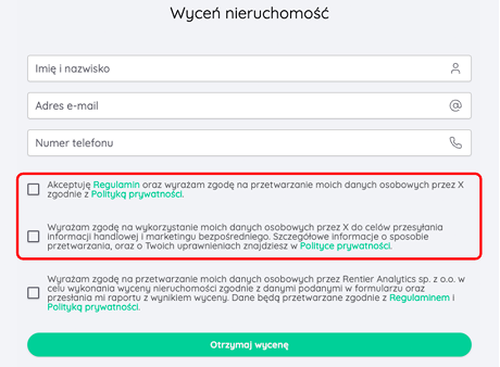 zrzut ekranu z formularzem danych wyceniającego z zaznaczonymi zgodami marketingowymi