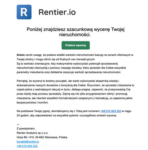zrzut ekranu z emailem zawierającym linki do raportu i treści przygotowane przez klienta